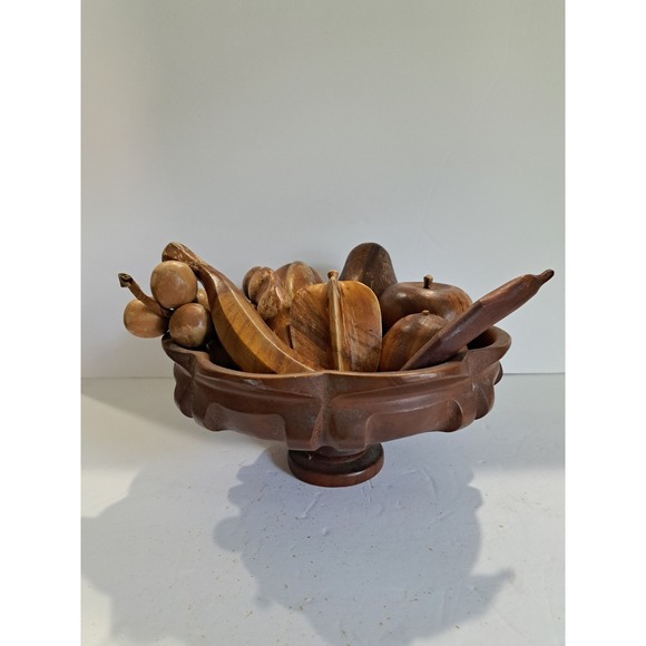 Vintage Beautiful 10"x5" Wood Pedestal Bowl 12 pcs Carved Wood Fruit - Picture 1 of 8